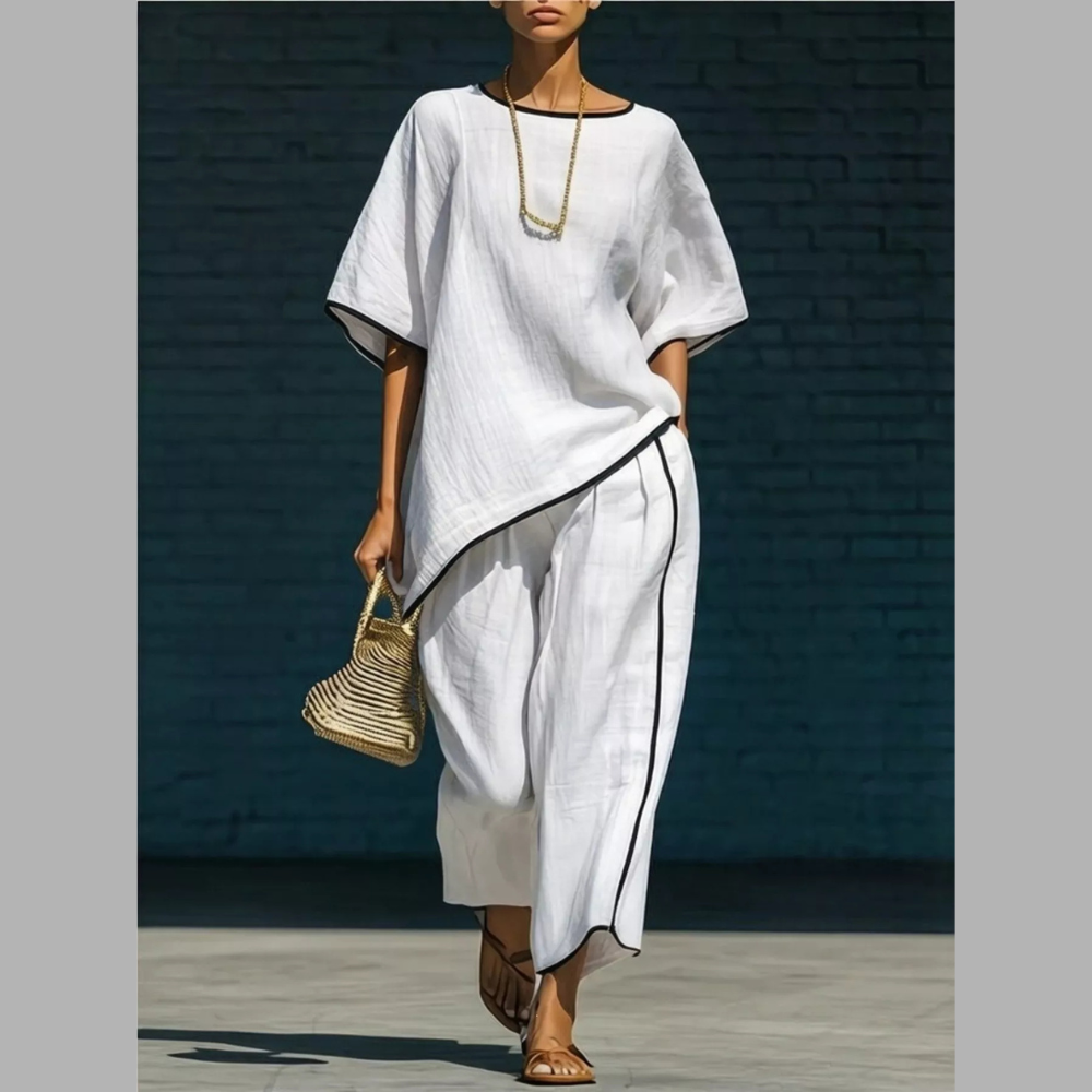 Contrast Trim Round Neck Top and Pants Set