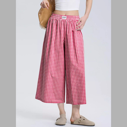 Gingham Wide-Leg Cropped Pants