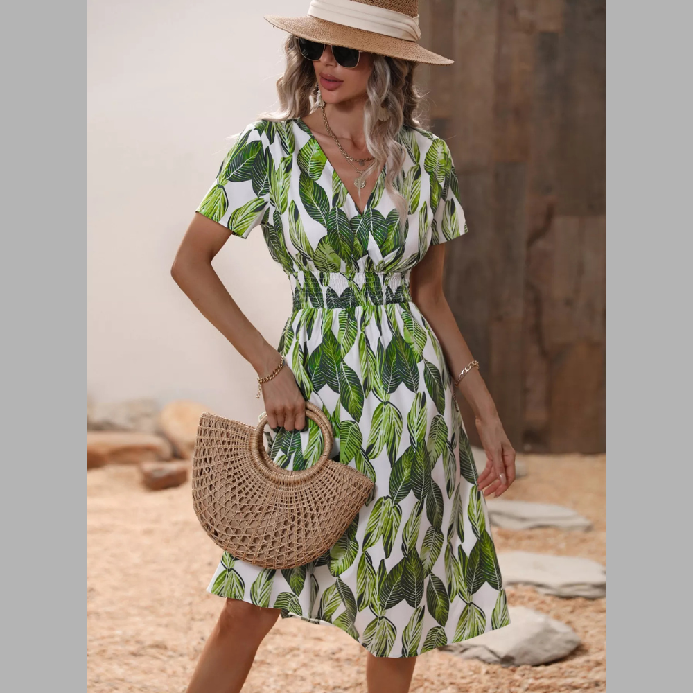 Printed Short Sleeve Midi Dress