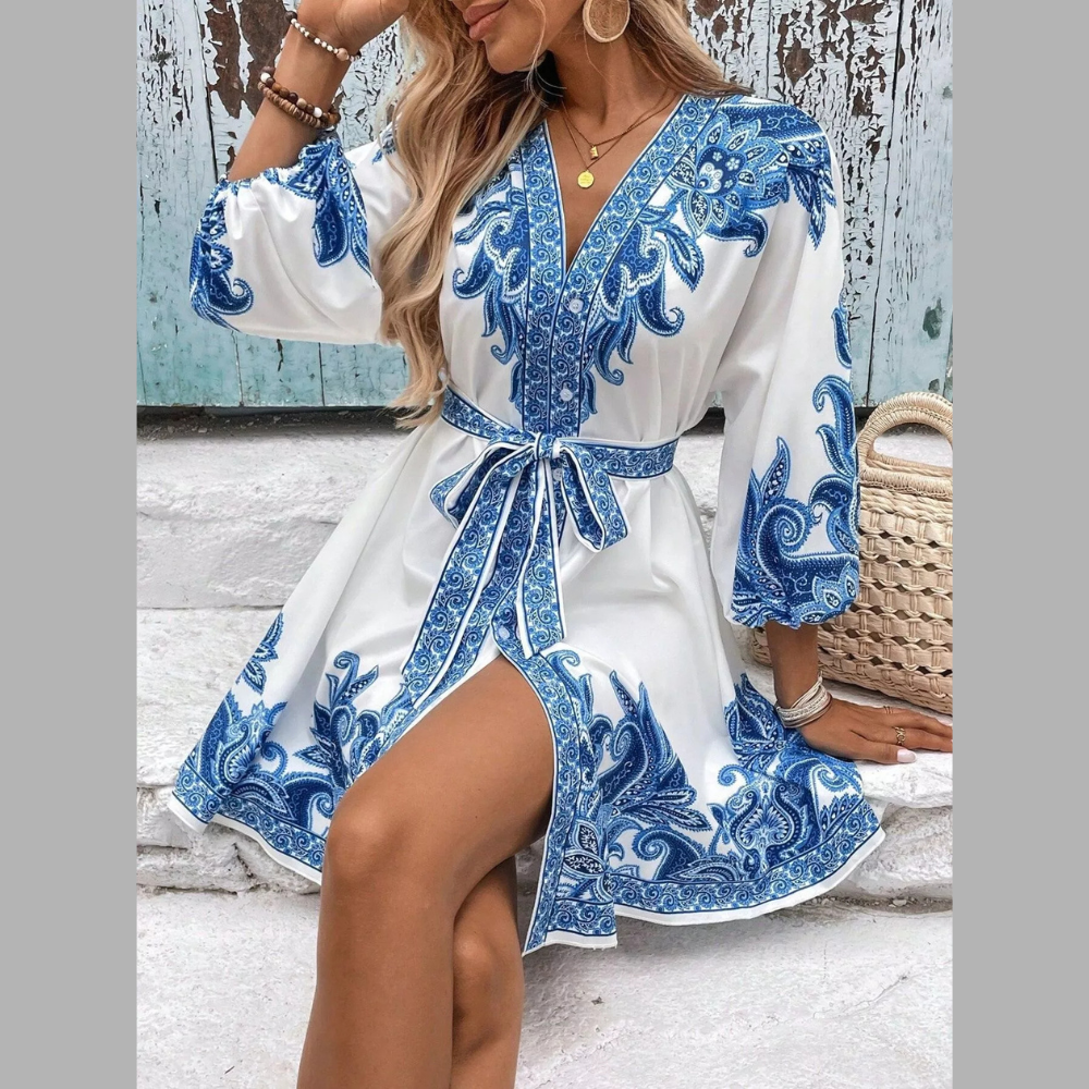 Paisley Print V-Neck Belted Mini Dress