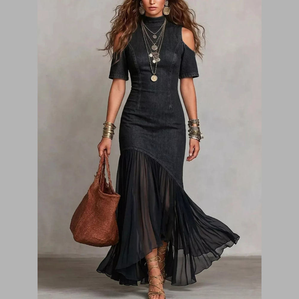 Mock Neck Cold Shoulder Ruffle Hem Maxi Dress