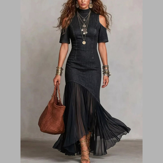 Mock Neck Cold Shoulder Ruffle Hem Maxi Dress