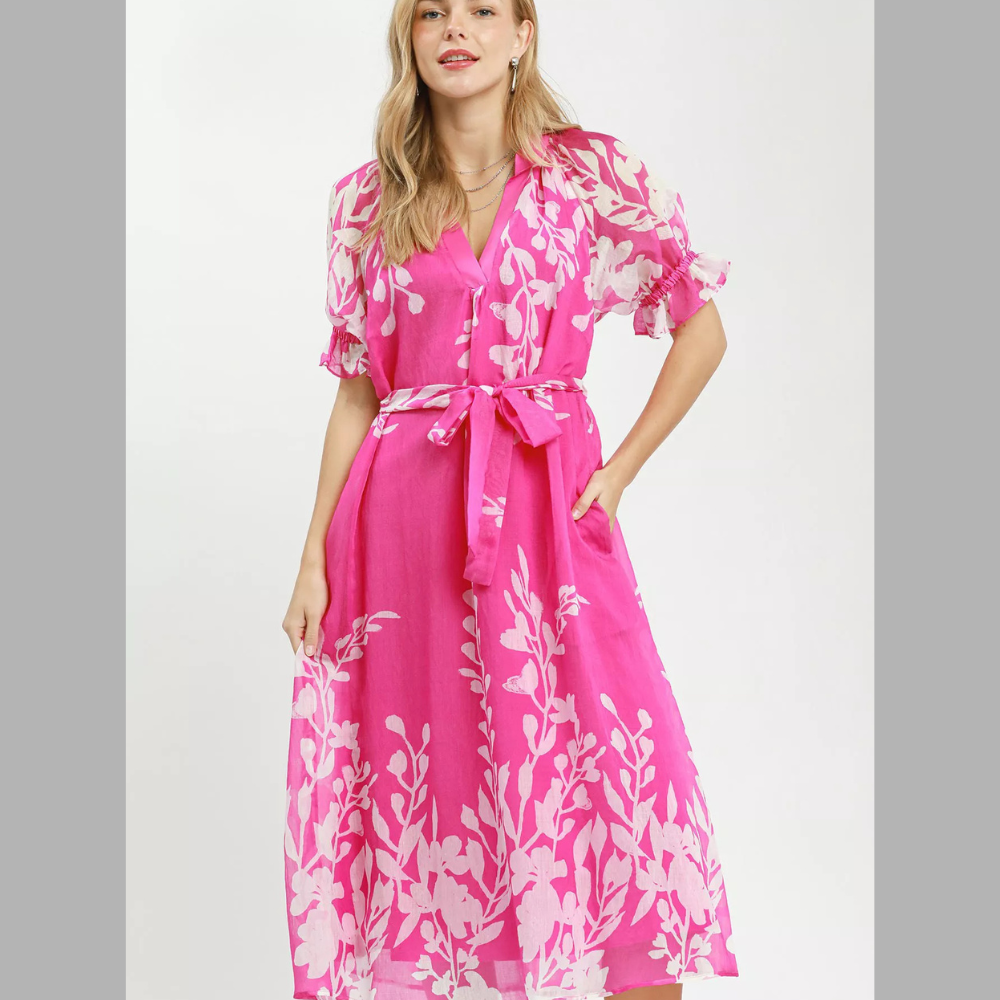 Umgee Floral Print Tie Waist Midi Dress with Side Pockets
