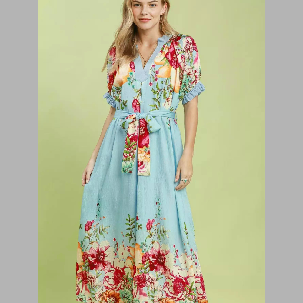 Umgee Mix Casual Floral Border Print Midi Dress