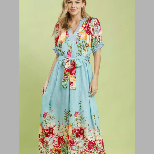Umgee Mix Casual Floral Border Print Midi Dress