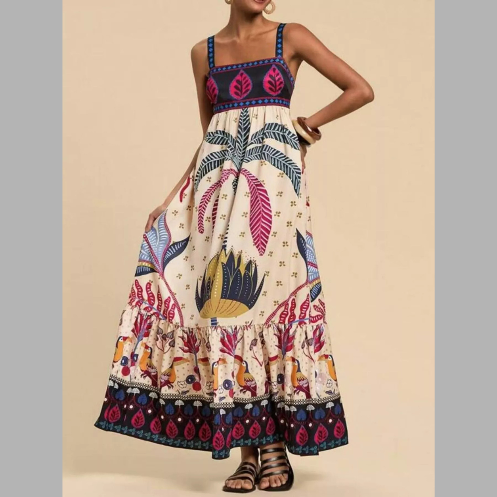 Casual Printed Square Neck Maxi Dress