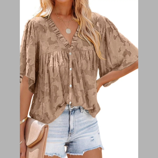 Full Size Textured V-Neck Button-Down Shirt Plus Size