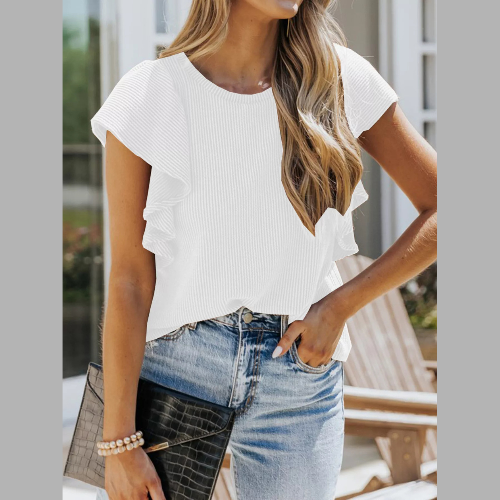 Full Size Ruffled Sleeve Ribbed Knit T-Shirt Plus Size
