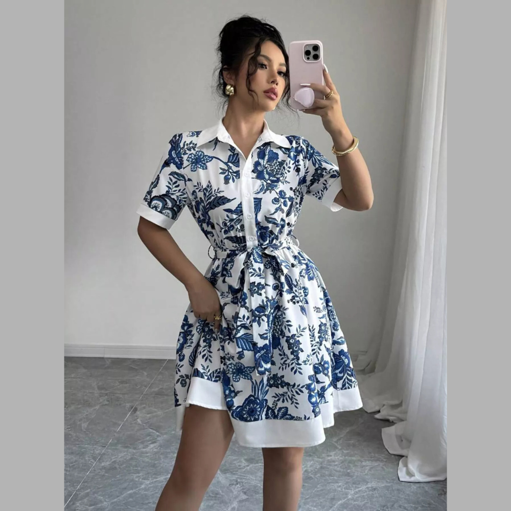 Printed Button Front Mini Dress