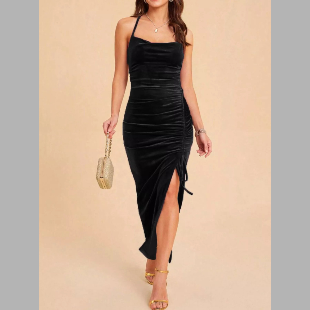 Velvet Ruched Dress with High Slit