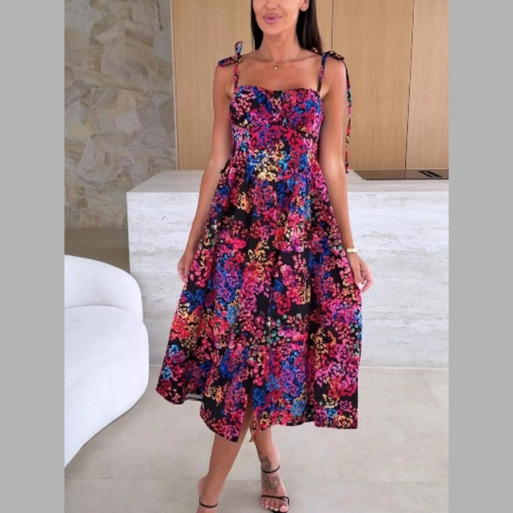 Printed Tie-Strap Midi Dress