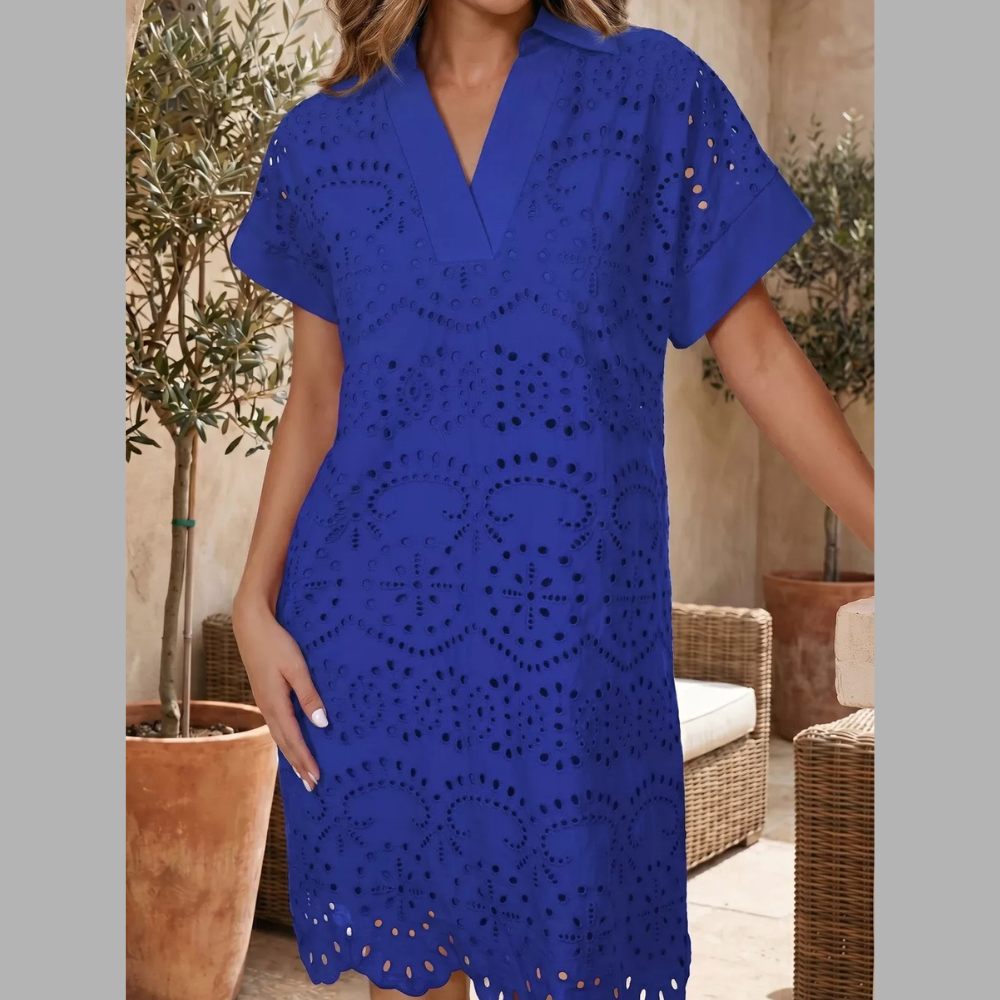 Solid Color Eyelet Embroidered T Shirt Mini Dress