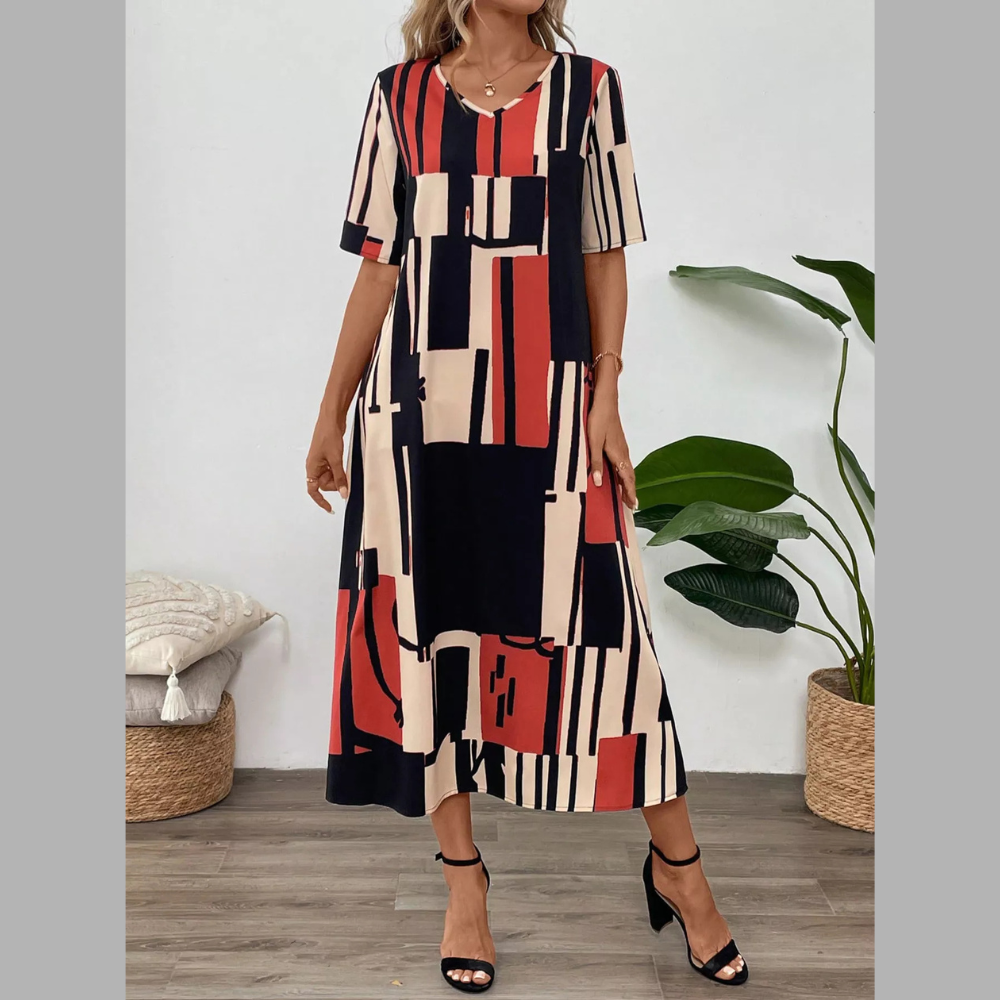 Abstract Geometric Print V-Neck Midi Dress
