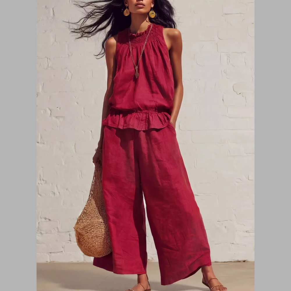 Smocked Ruffled Hem Top and Wide-Leg Pants Set