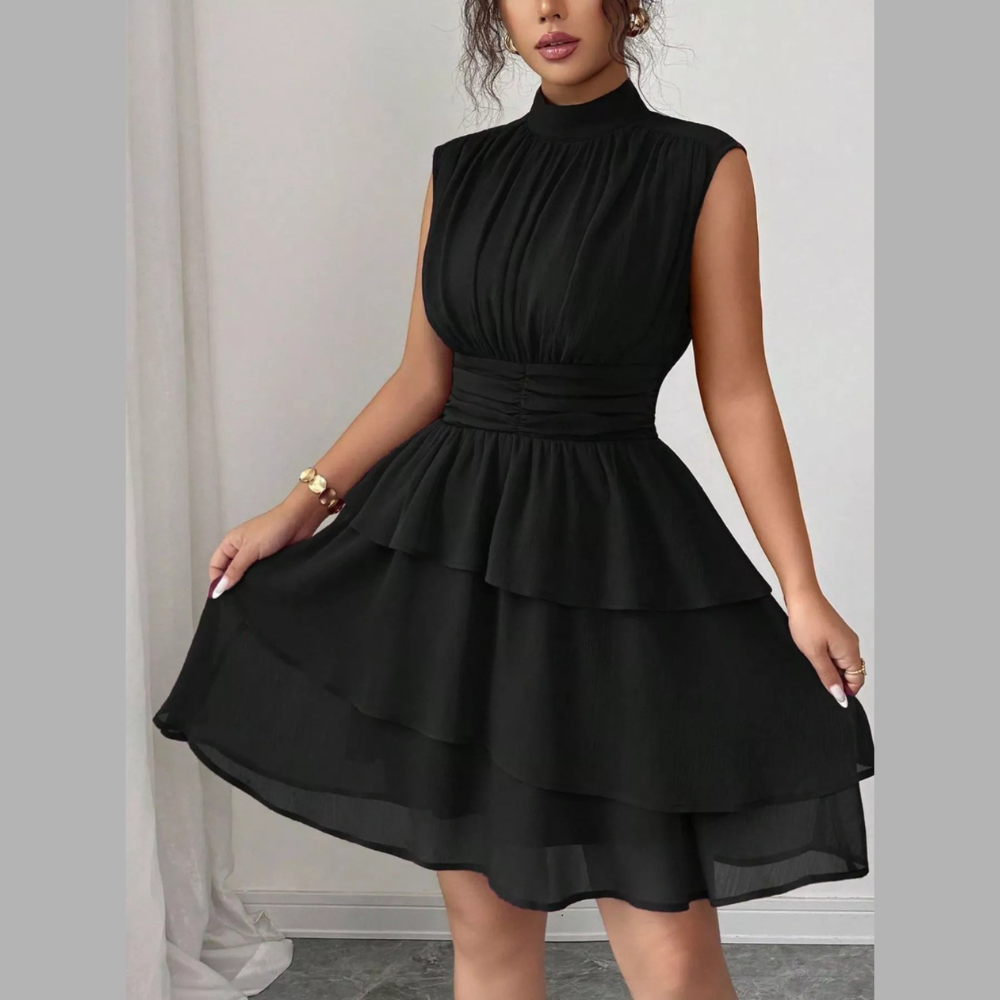 Sleeveless Mock Neck Layered Ruffle Dress
