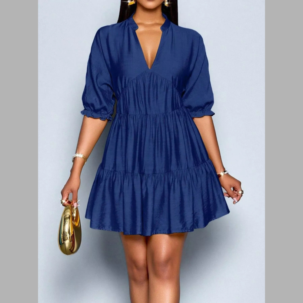 Notched Half Sleeve Tiered Dress