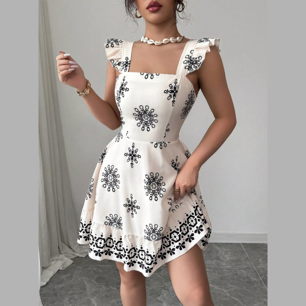 Printed Bow Back Square Neck Mini Dress