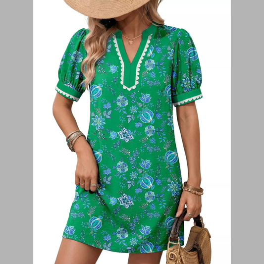 Notched Puff Sleeve Mini Dress