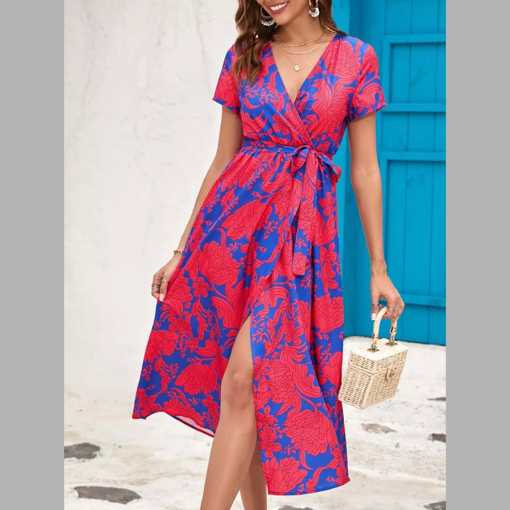 Casual Surplice Short Sleeve Midi Dress