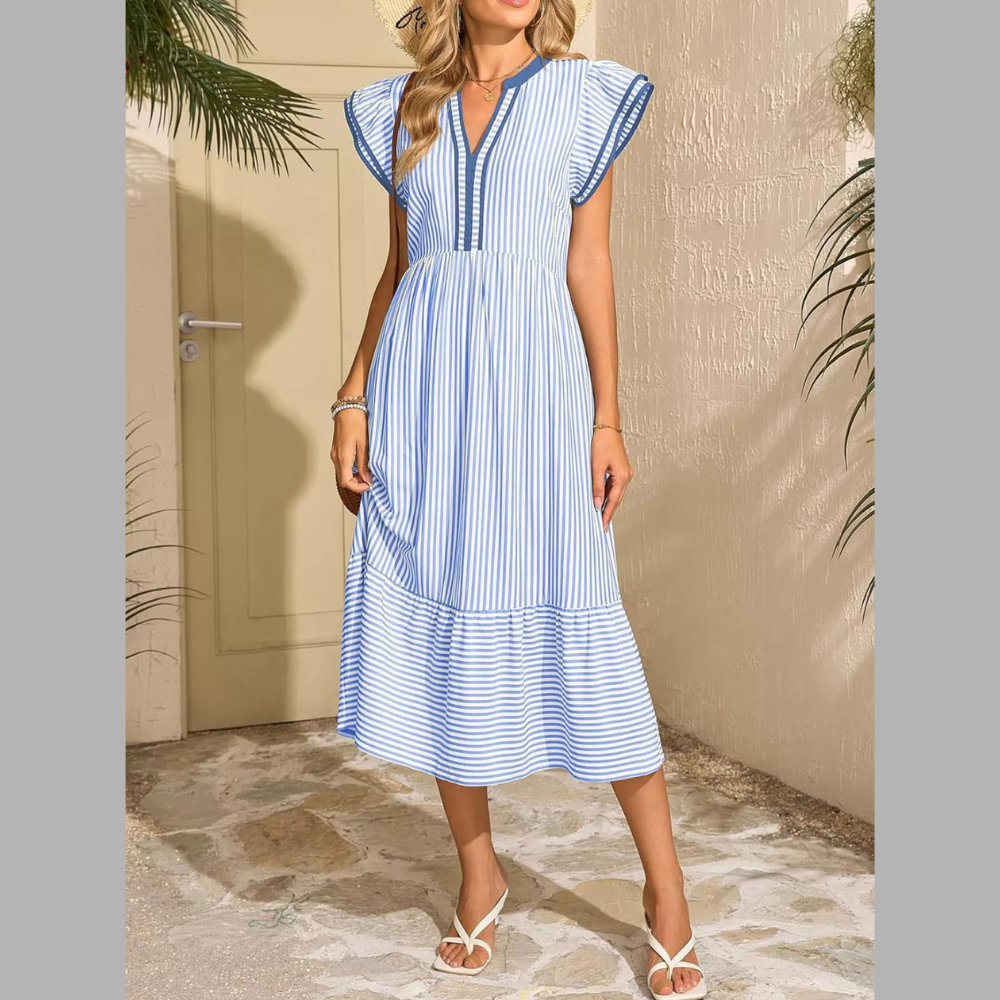 Striped Ruffle Sleeve Casual Midi Dress