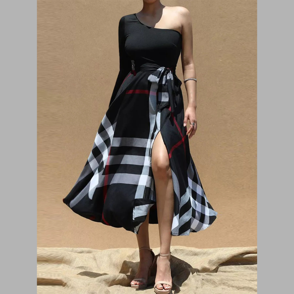Asymmetrical One-Sleeve Plaid Midi Dress with Waist Tie