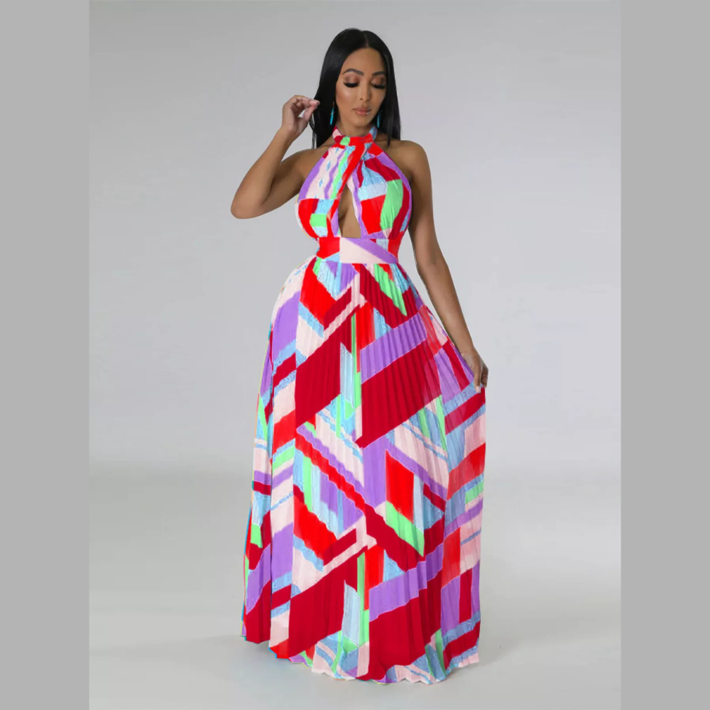 Halter Neck Geometric Print Pleated Maxi Dress