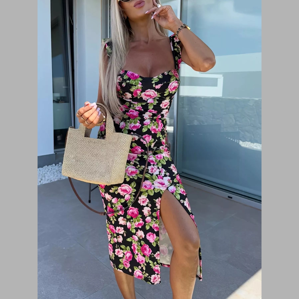 Slit Sweetheart Neck Midi Dress