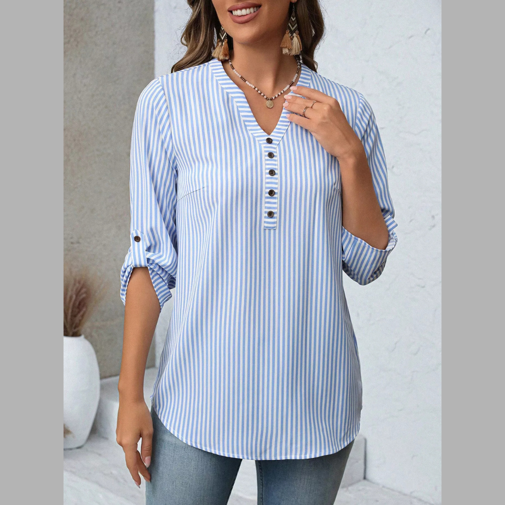 Striped V-Neck Roll-Up Sleeve Blouse