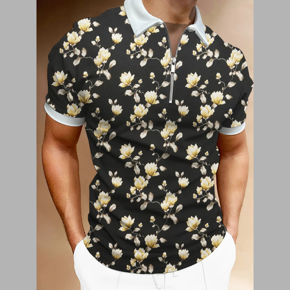 Men's Full Size Floral Print Zip-Up Polo Plus Size