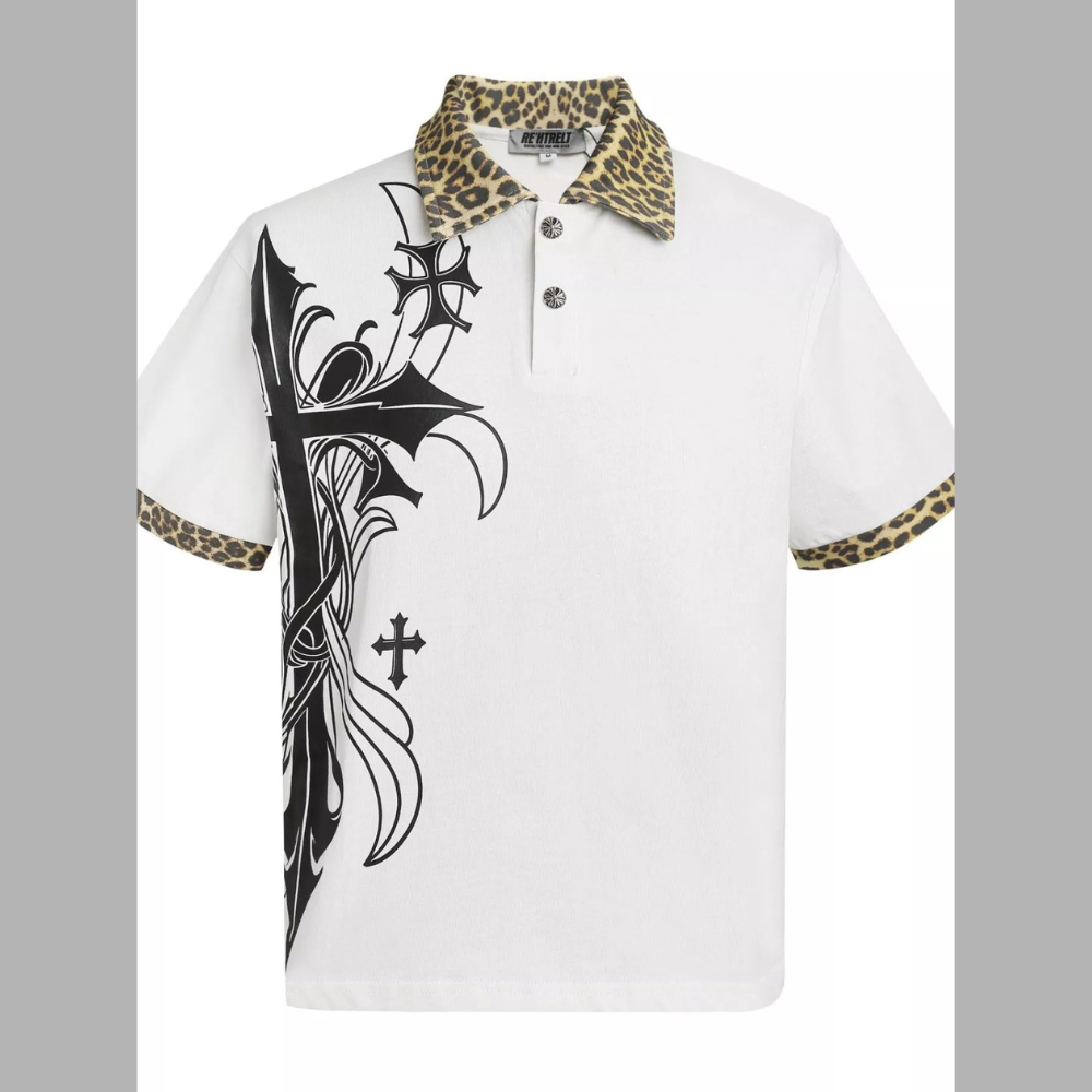 Men's Gothic Cross Print Polo with Leopard Collar