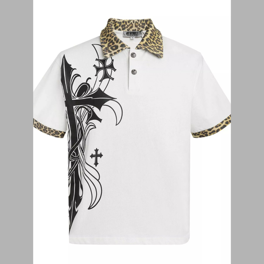 Men's Gothic Cross Print Polo with Leopard Collar