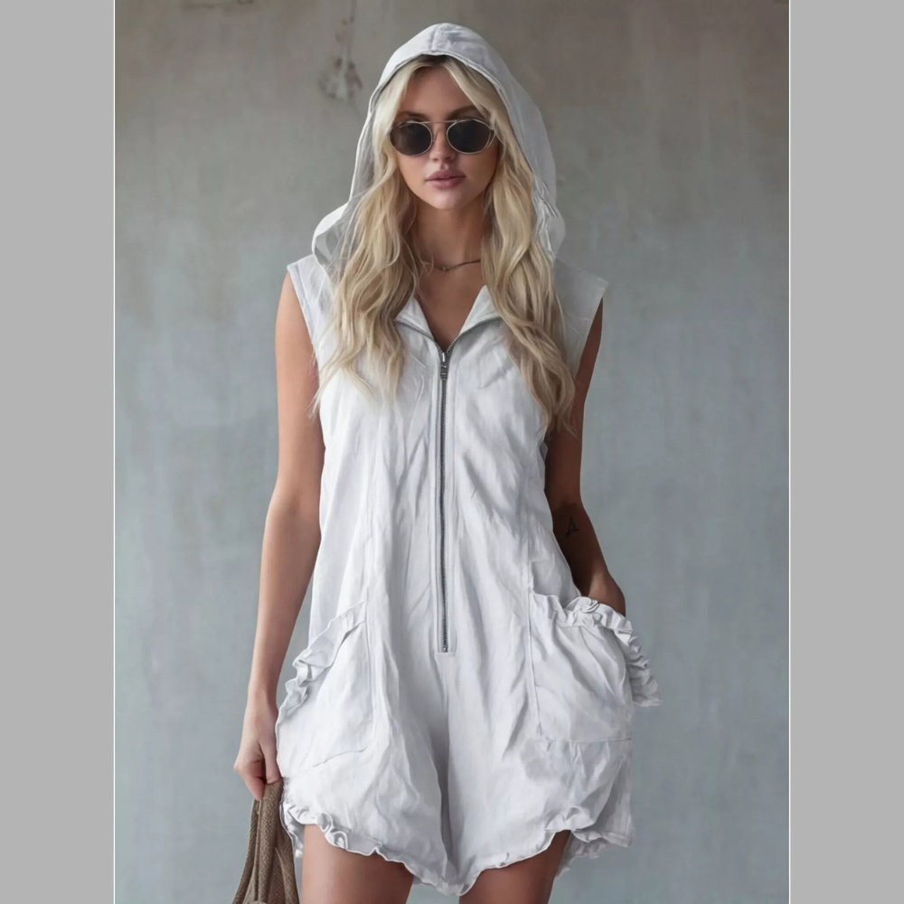 Full Size Hooded Sleeveless Zipper Romper with Ruffled Pockets Plus Size