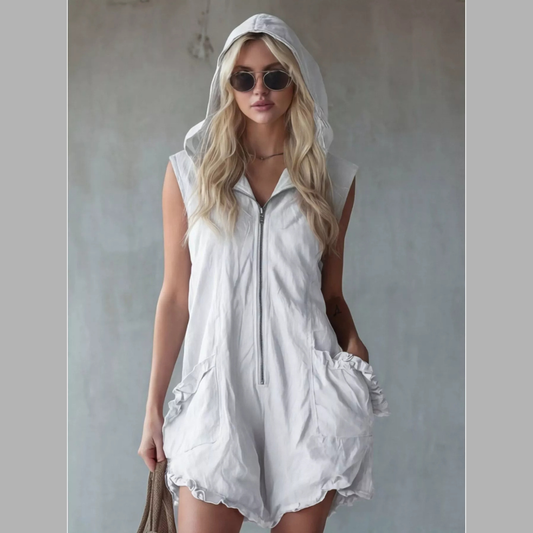 Full Size Hooded Sleeveless Zipper Romper with Ruffled Pockets Plus Size