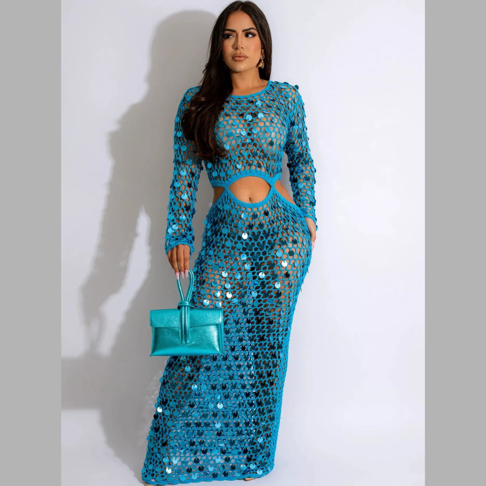 Sequin Mesh Cutout Maxi Dress