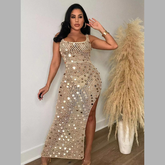 Sequin Embellished Crochet Maxi Dress with High Slit