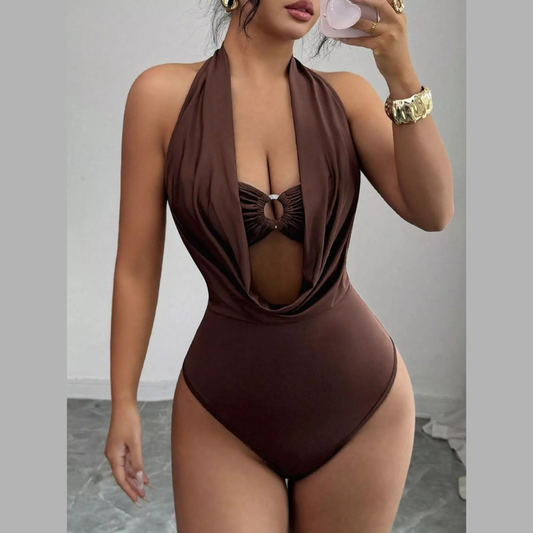 Halter Neck Ruched Ring Detail Bodysuit