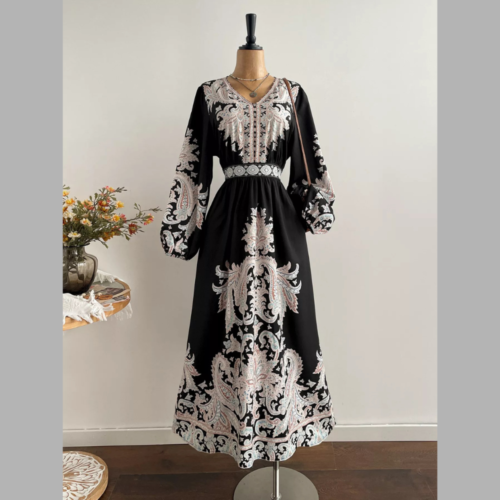 Plus Size Printed V-Neck Balloon Sleeve Dress