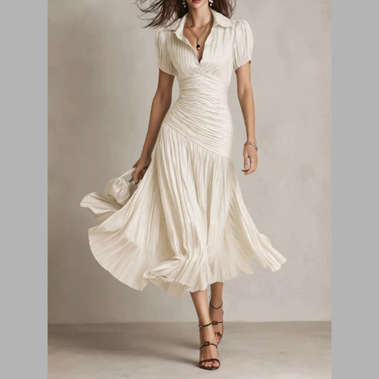 Ruched Pleated Short Sleeve Midi Dress