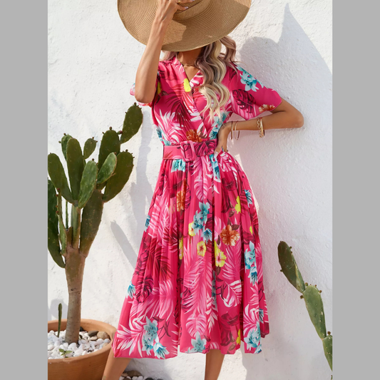 Pleated Tropical Print Belted Midi Dress