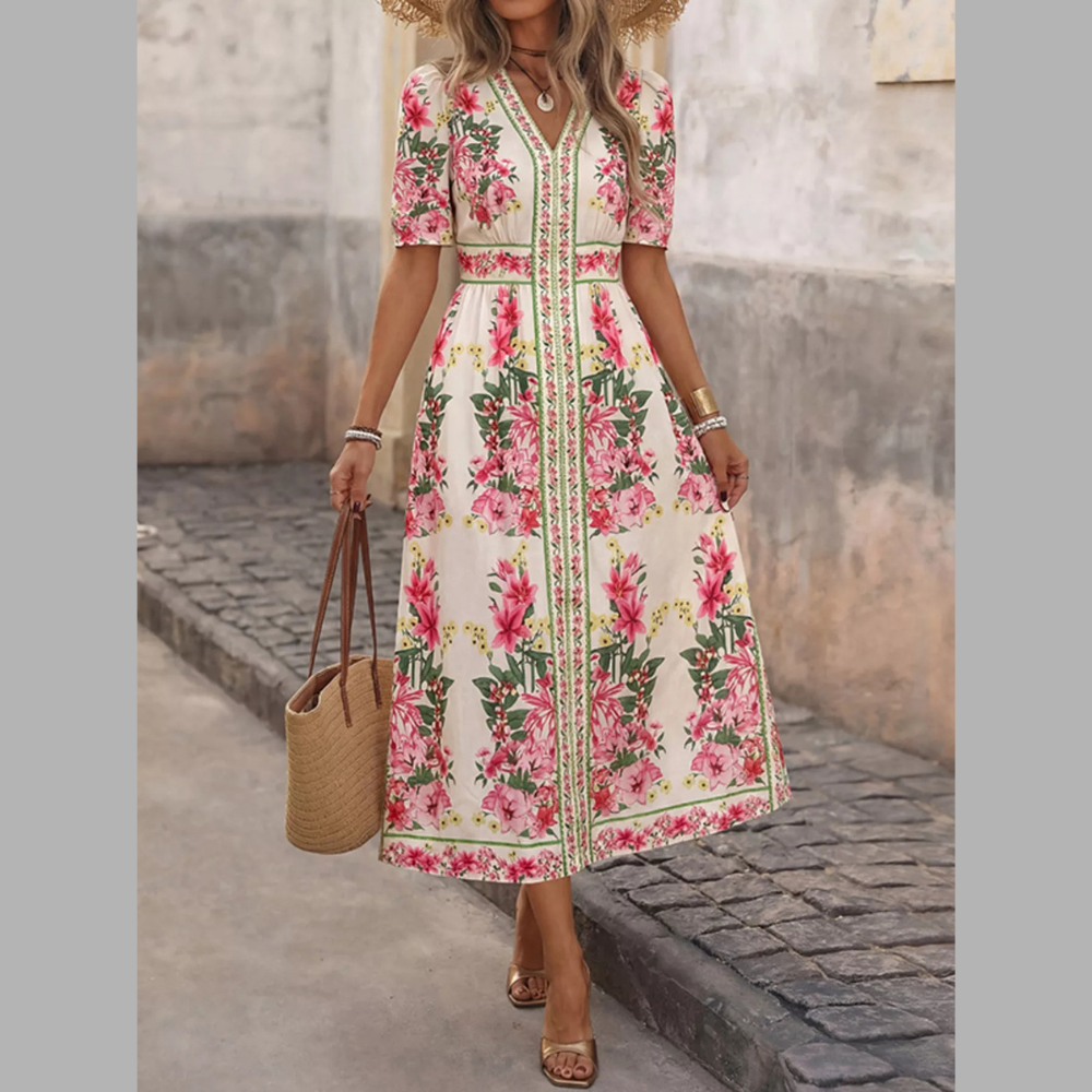 Casual Floral Print V-Neck Midi Dress