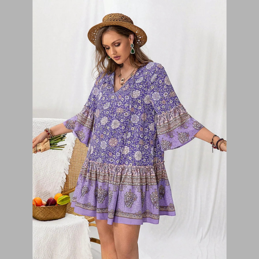 Plus Size Floral Print Ruffle Hem Mini Dress