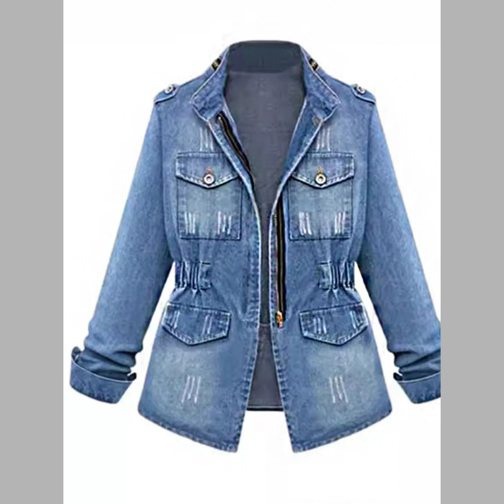 Full Size Chest Pocket Zip Up Denim Jacket Plus Size