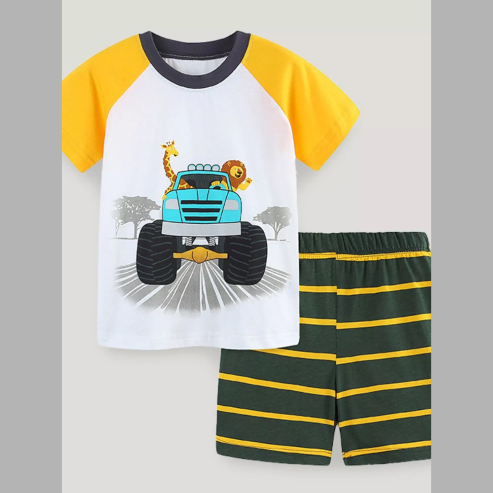 Kids' Monster Truck and Animal Graphic Tee and Shorts Pajama Set