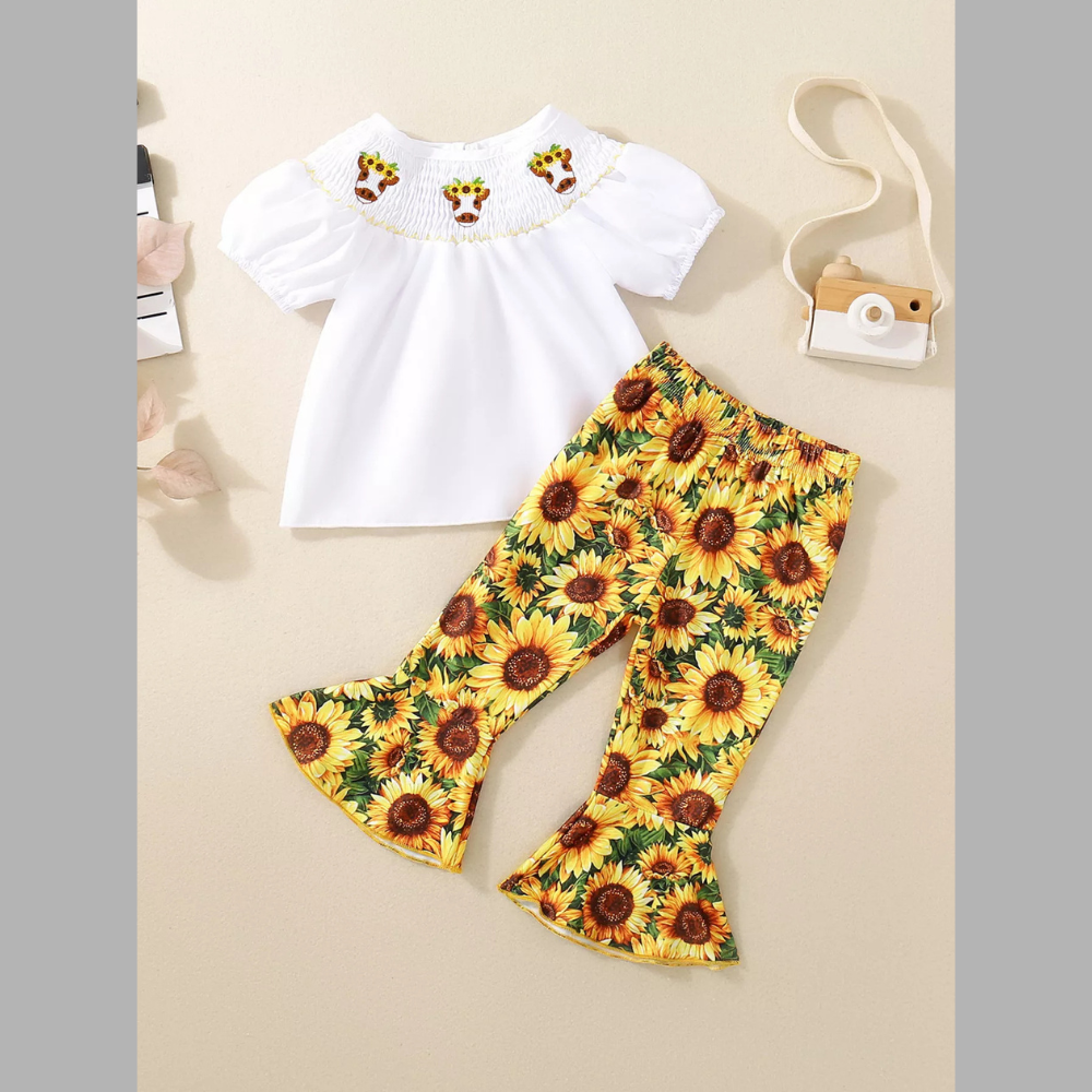 Children's Sunflower Smocked Top and Bell Bottom Set