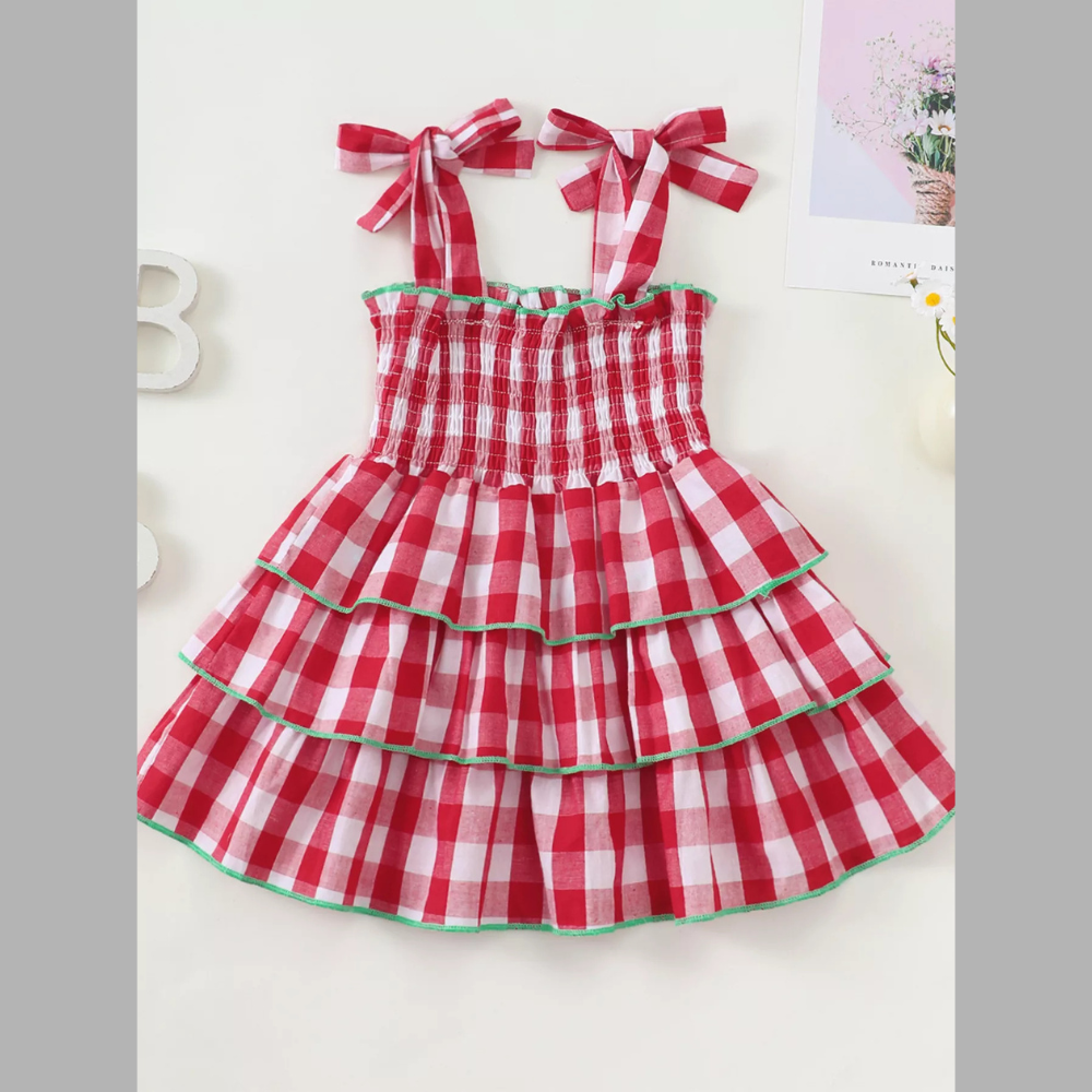 Children's Gingham Tiered Dress with Bow Tie Straps