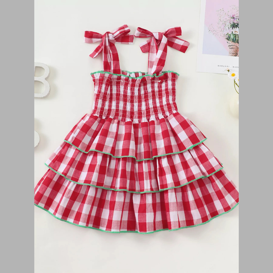Children's Gingham Tiered Dress with Bow Tie Straps
