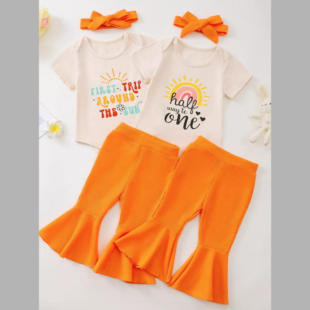 Children's Short Sleeve Bodysuit and Flare Pants Set with Headband