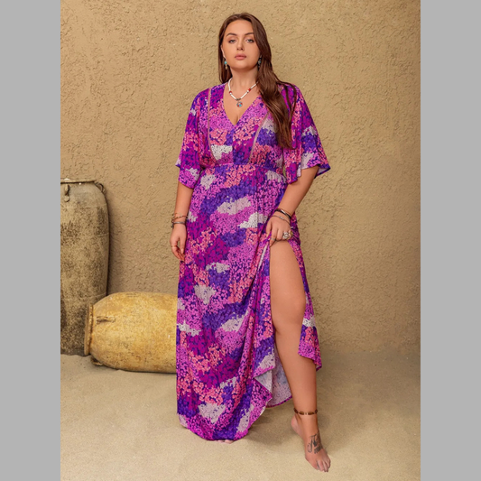 Plus Size Slit Printed Half Sleeve Maxi Dress