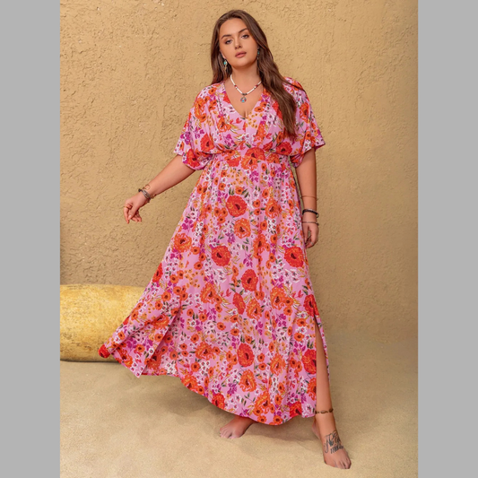 Plus Size Slit Floral V-Neck Half Sleeve Maxi Dress