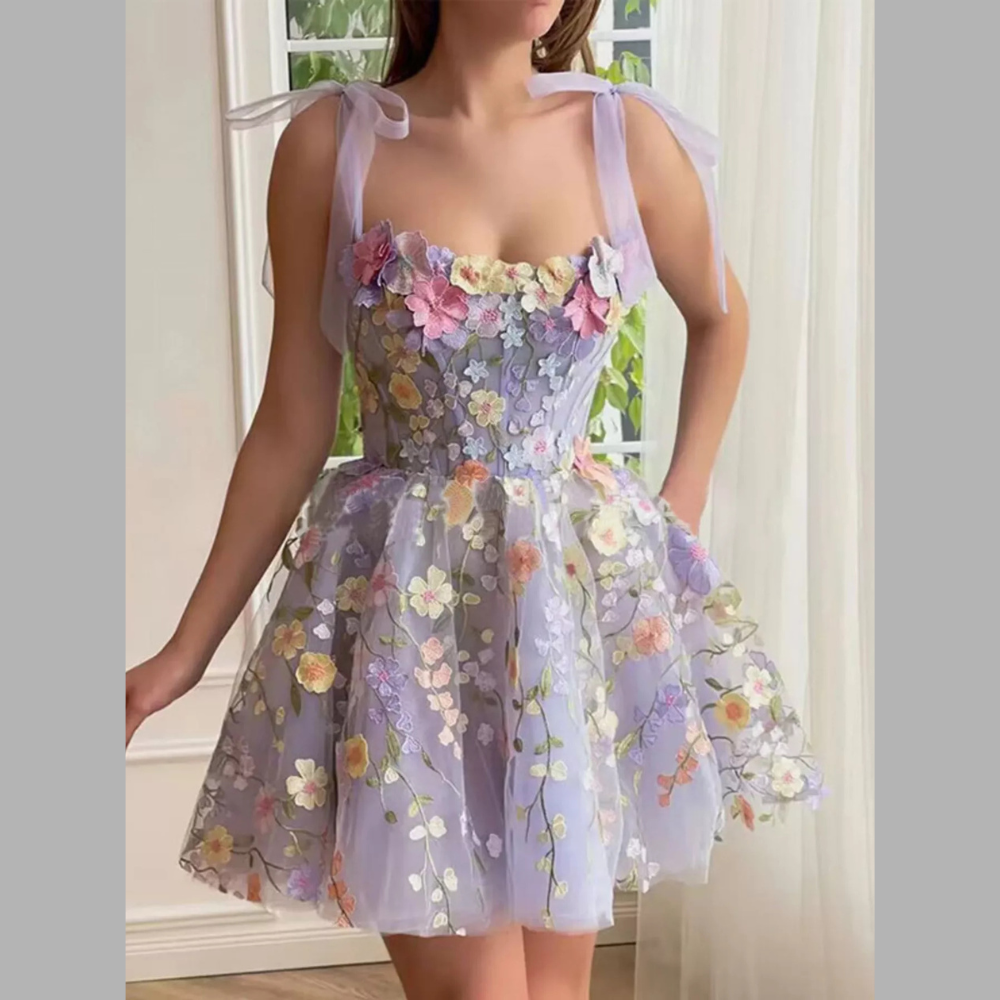 Floral Applique Tie Shoulder Mini Dress